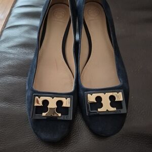Tory Burch Gigi Navy Suede Logo Flats with Gold Emblem